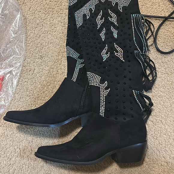 rhinestone stud tassel cloth cowboy western boots - Picture 2 of 5